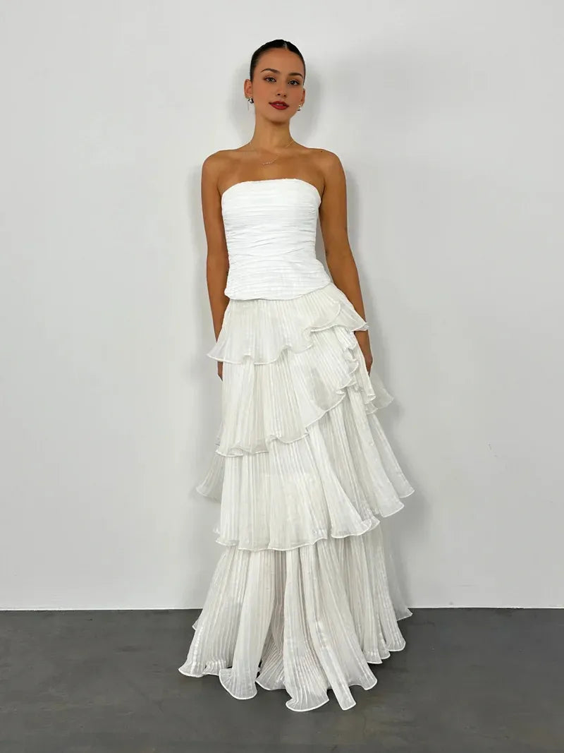 Robe Weitese élégante, sans bretelles, robe de bal multicouche, coupe trapèze, sans manches, longueur au sol, couleur unie